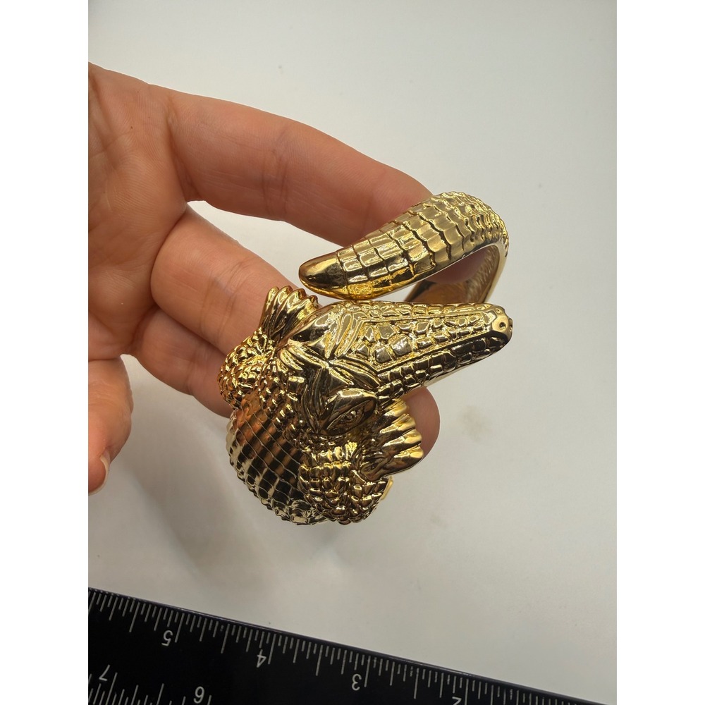 Gold Tone Alligator Crocodile Head Bypass Hinge Statement Bangle Bracelet